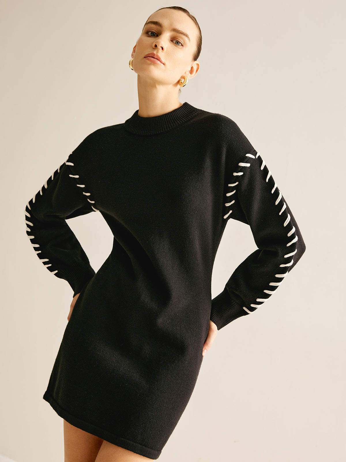 Contrast Trim Sweater Short Dress-Chicvia