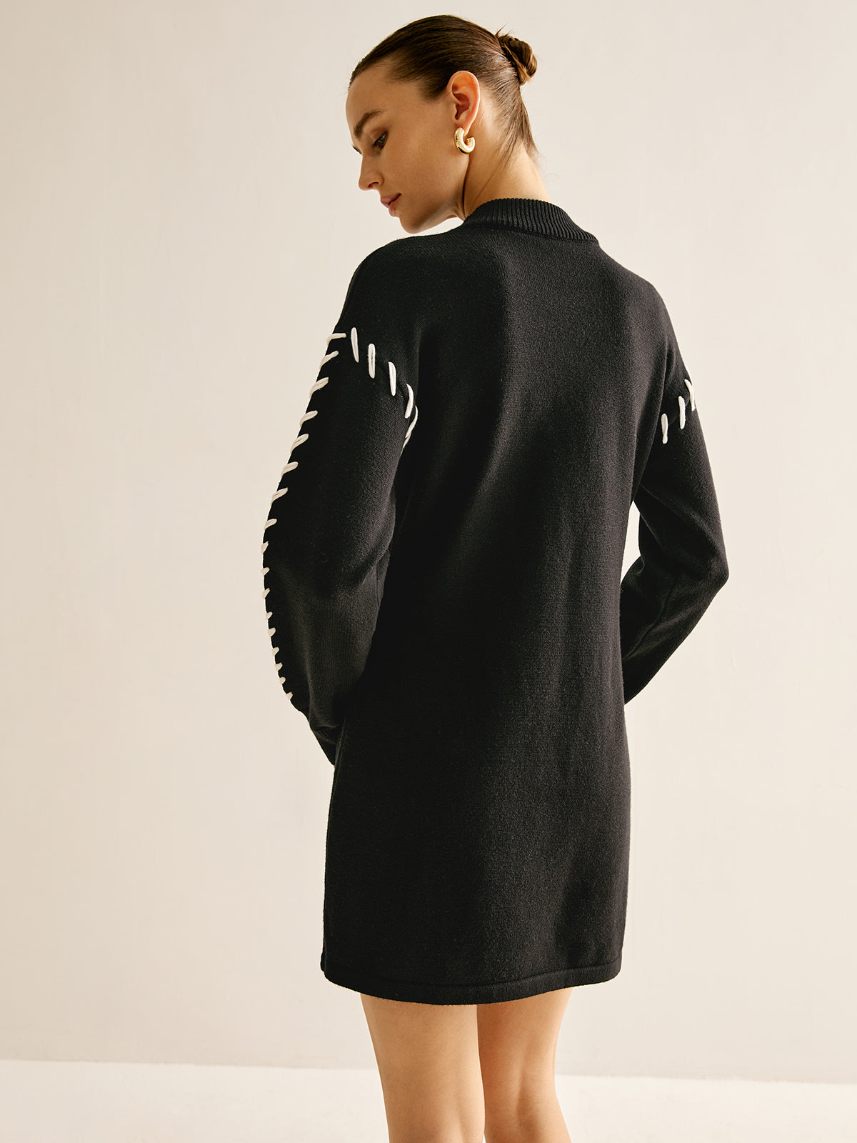 Contrast Trim Sweater Short Dress-Chicvia