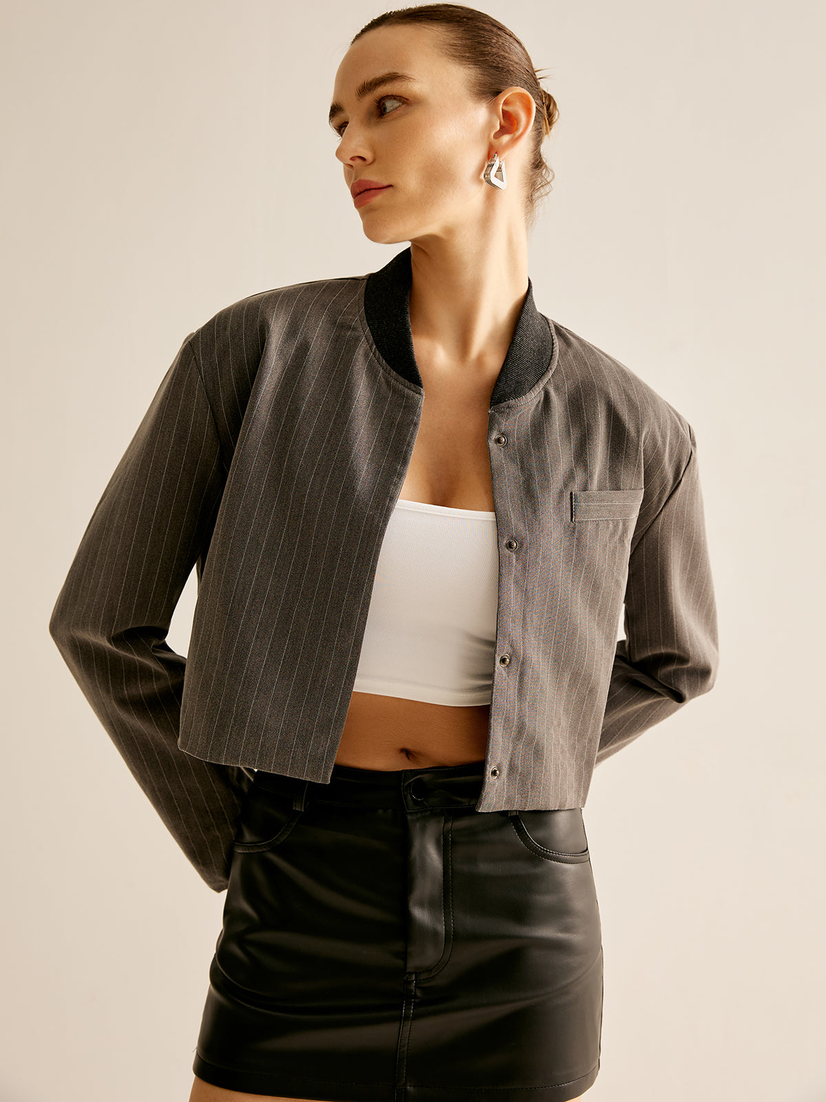 Pinstripe Pocket Short Jacket-Chicvia