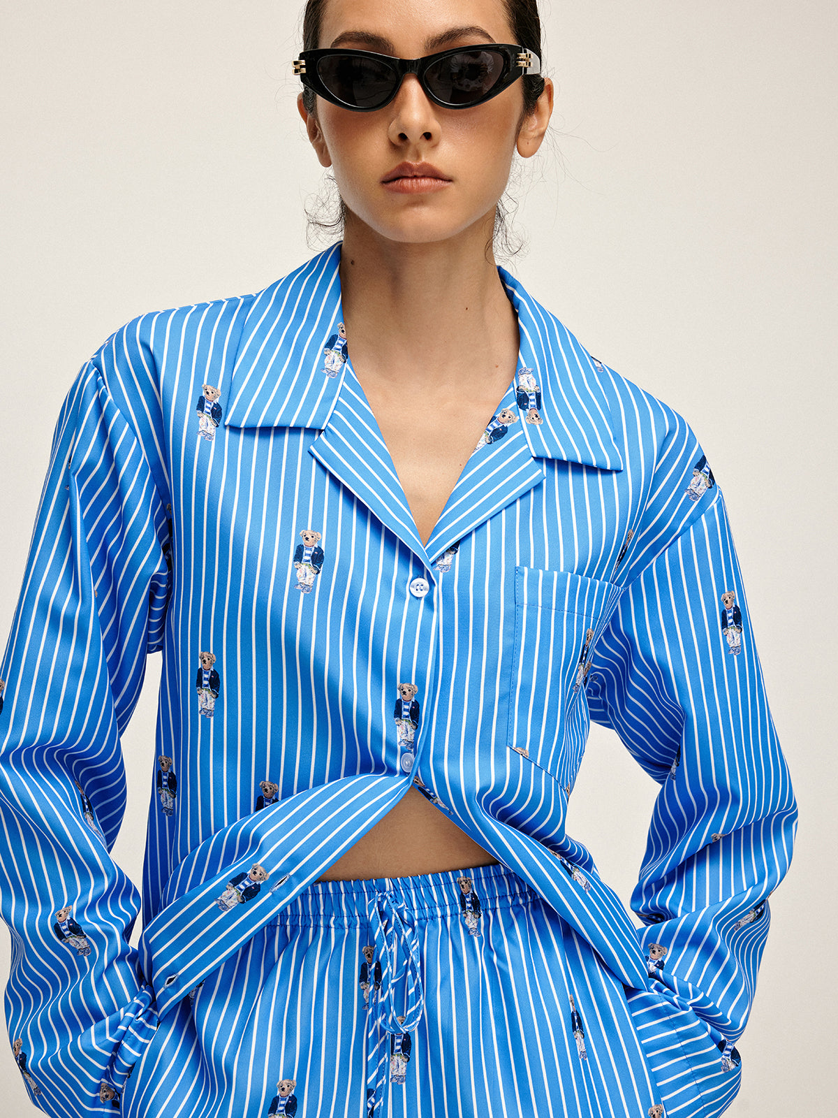 Pinstripe Lapel Printed Pants Set-Chicvia