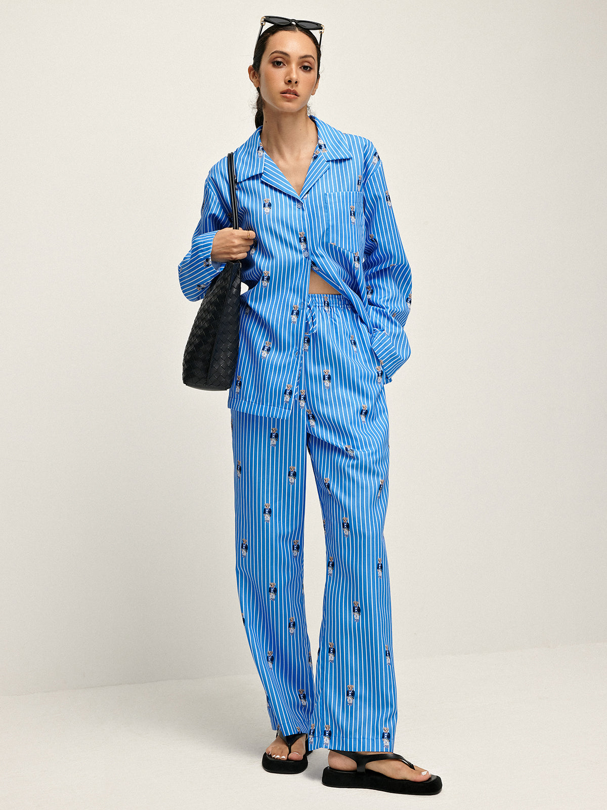 Pinstripe Lapel Printed Pants Set-Chicvia
