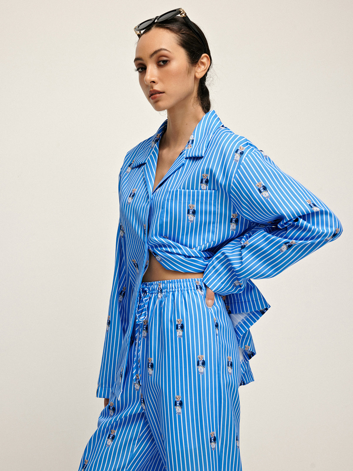 Pinstripe Lapel Printed Pants Set-Chicvia