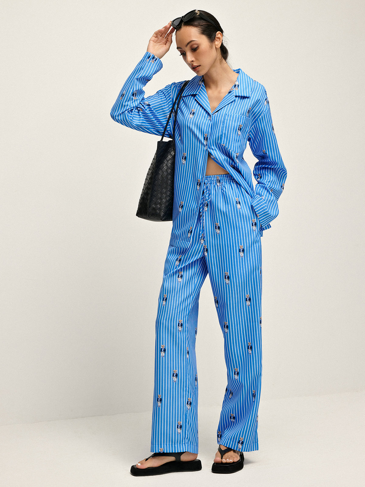 Pinstripe Lapel Printed Pants Set-Chicvia