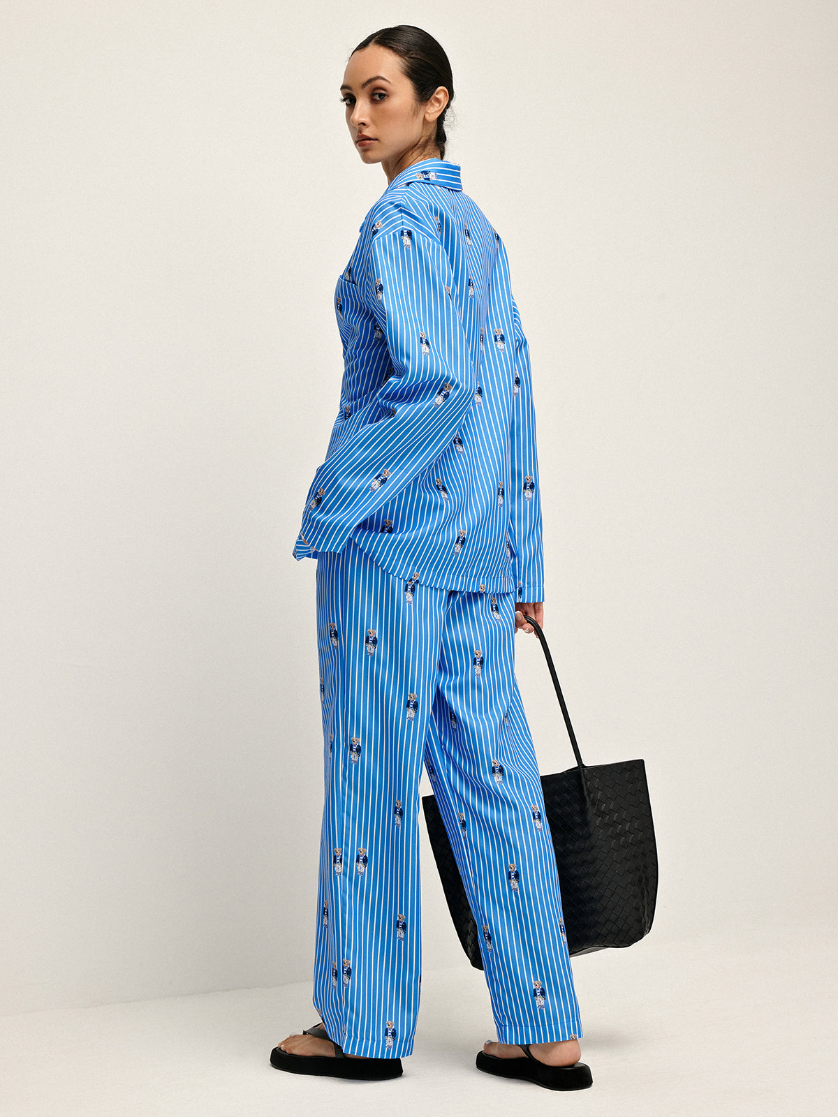 Pinstripe Lapel Printed Pants Set-Chicvia