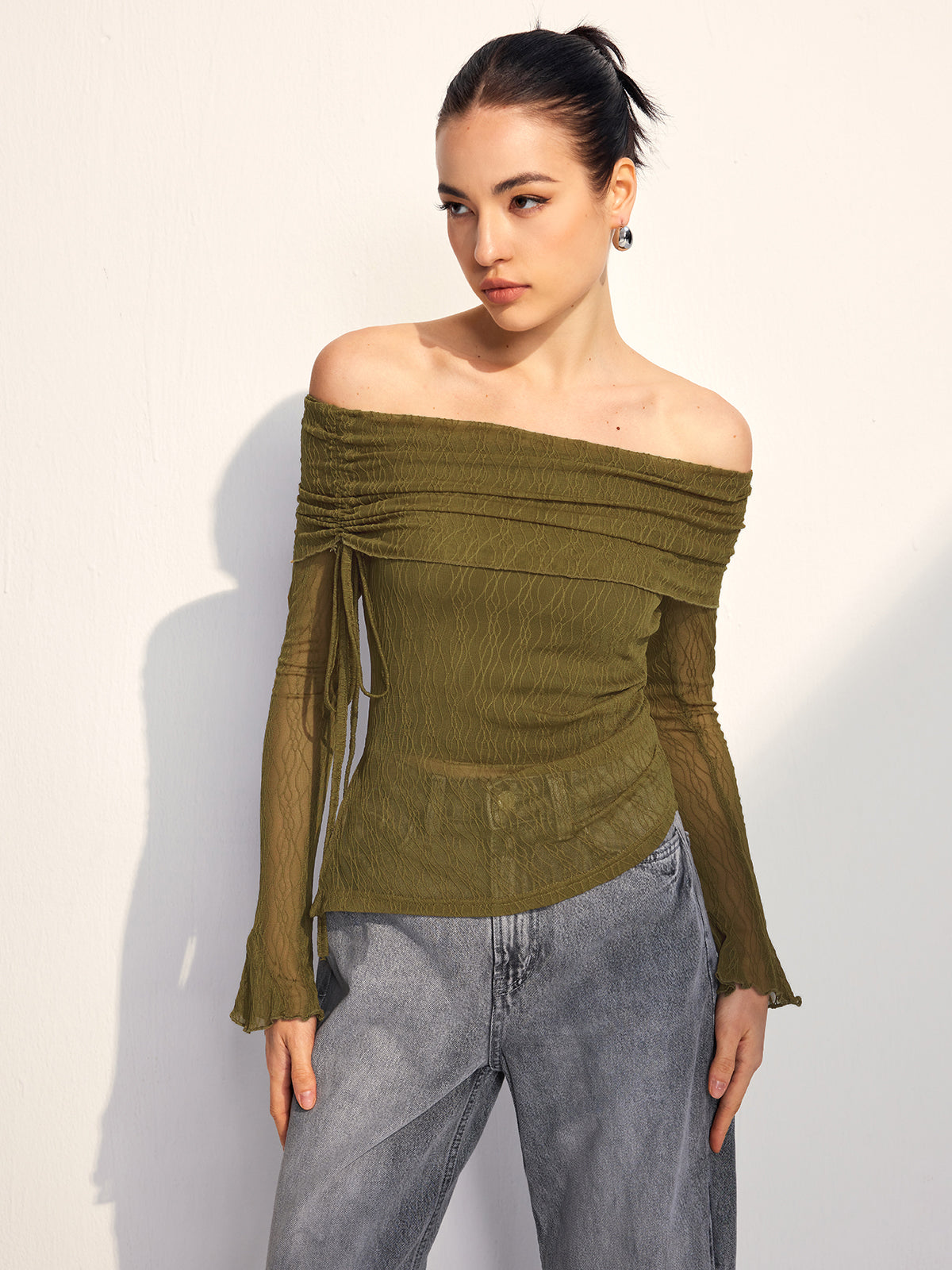 Off Shoulder Drawstring Blouse-Chicvia