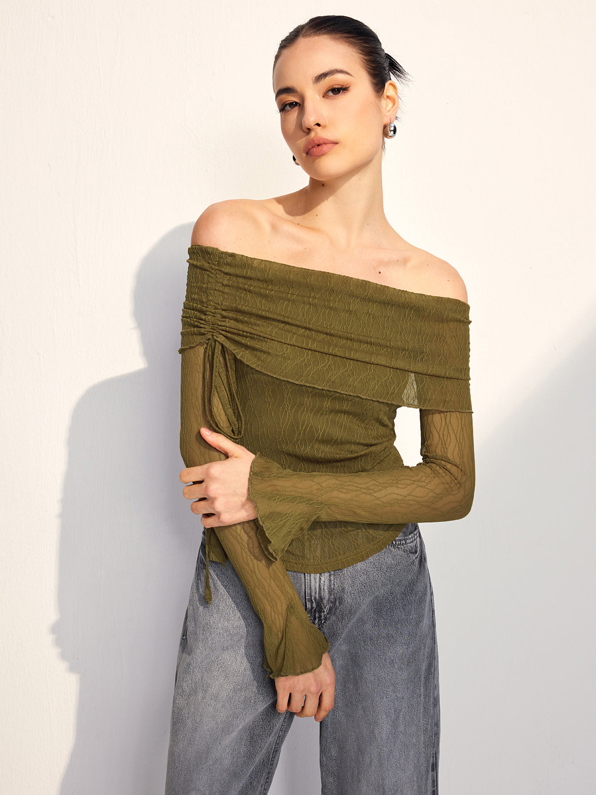 Off Shoulder Drawstring Blouse-Chicvia