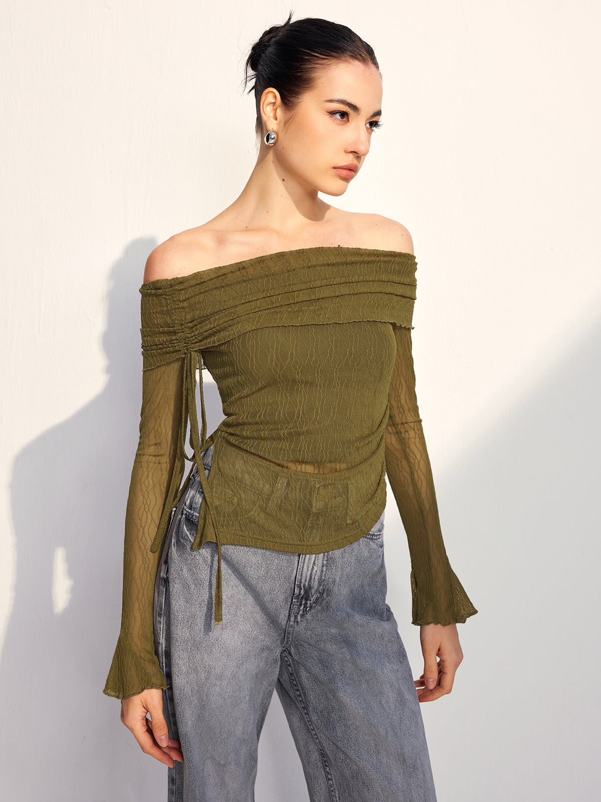Off Shoulder Drawstring Blouse-Chicvia