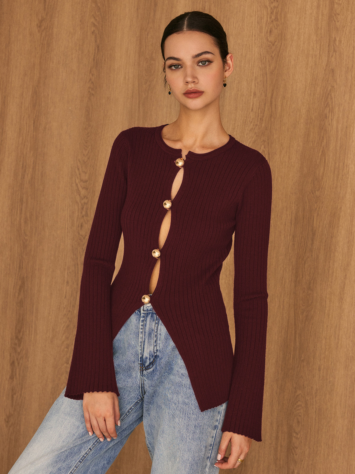 Golden Button Split Knit Top-Chicvia