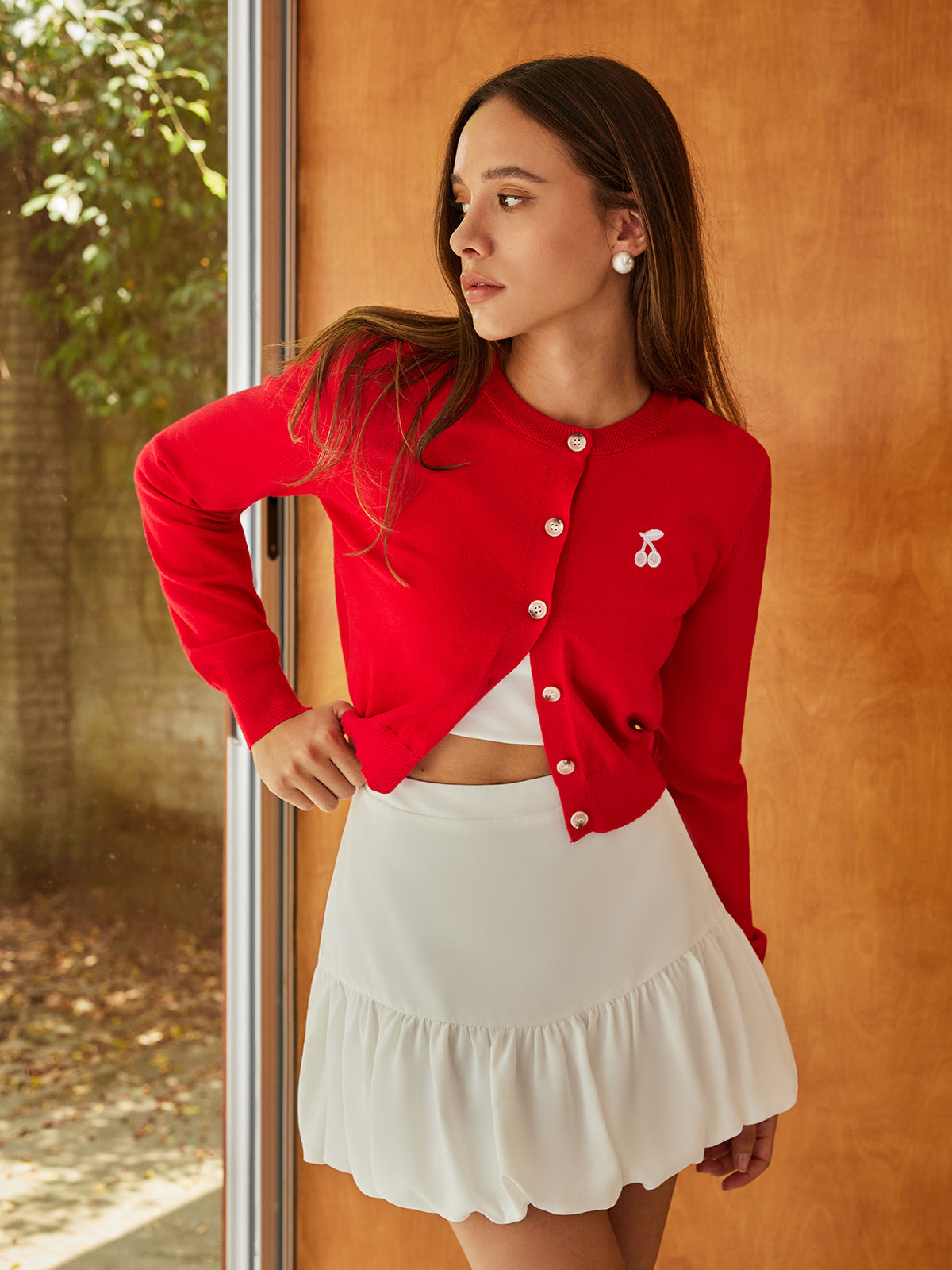 Plain Cherry Embroidery Cardigan-Chicvia