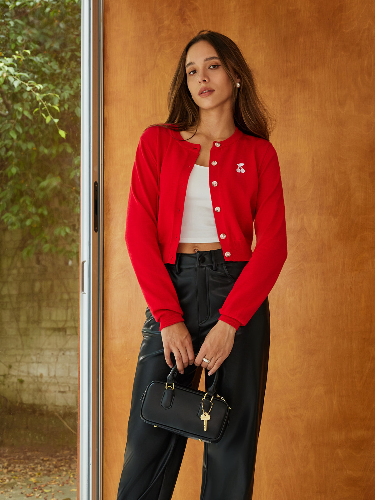 Plain Cherry Embroidery Cardigan-Chicvia
