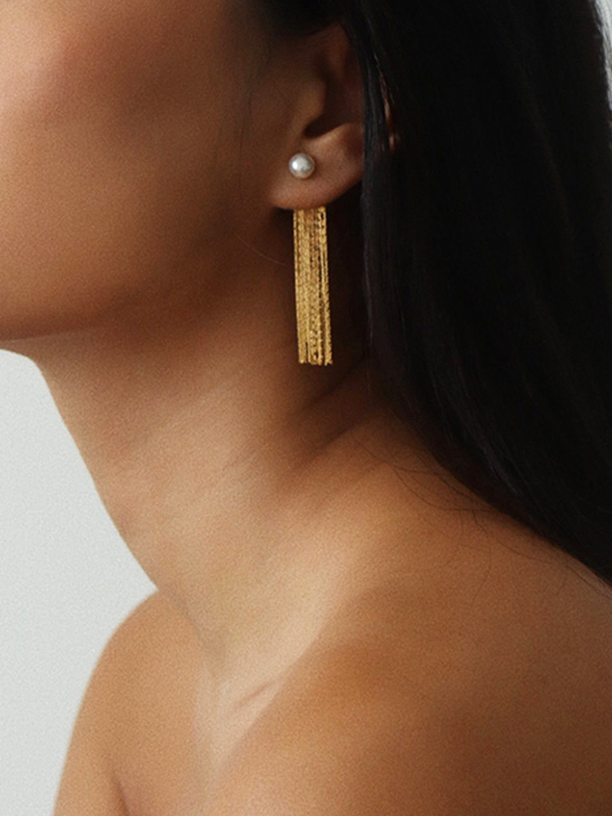Golden Tassel Pearl Stud Earrings-Chicvia