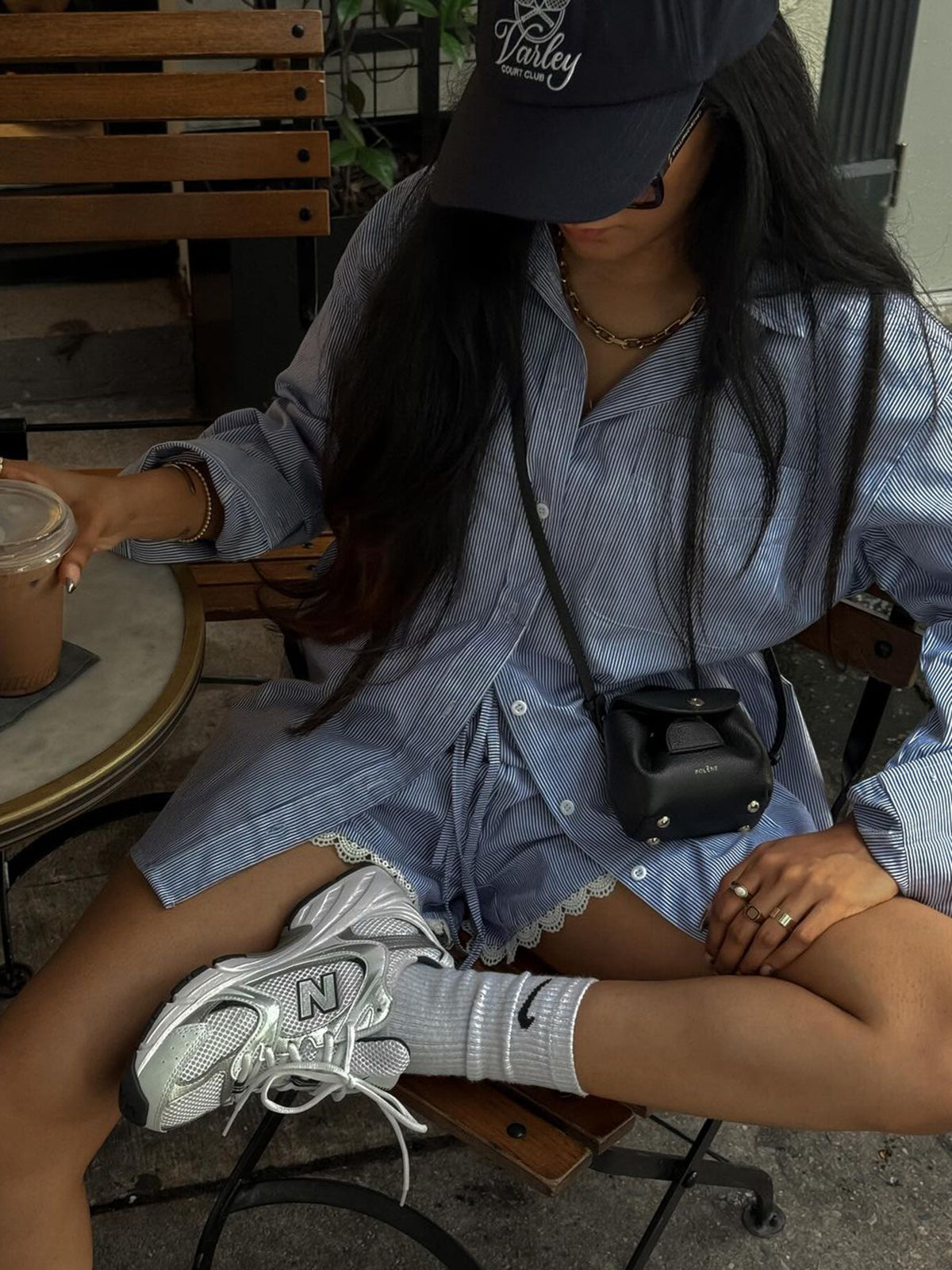 Oversized Stripe Textured Long Sleeve Shorts Set-Chicvia