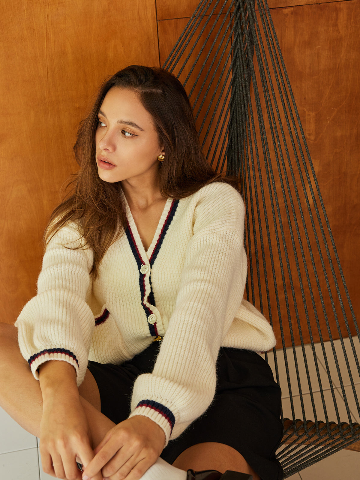 Oversized Contrast Trim Button Pockets Cardigan-Chicvia