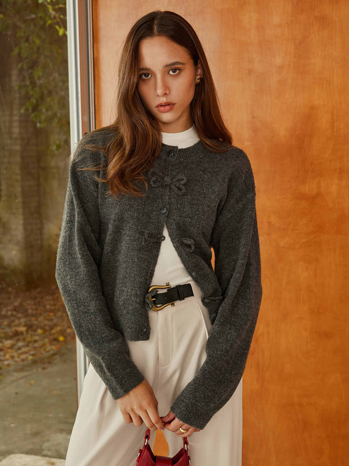 Plain Bow-Breasted Cardigan-Chicvia