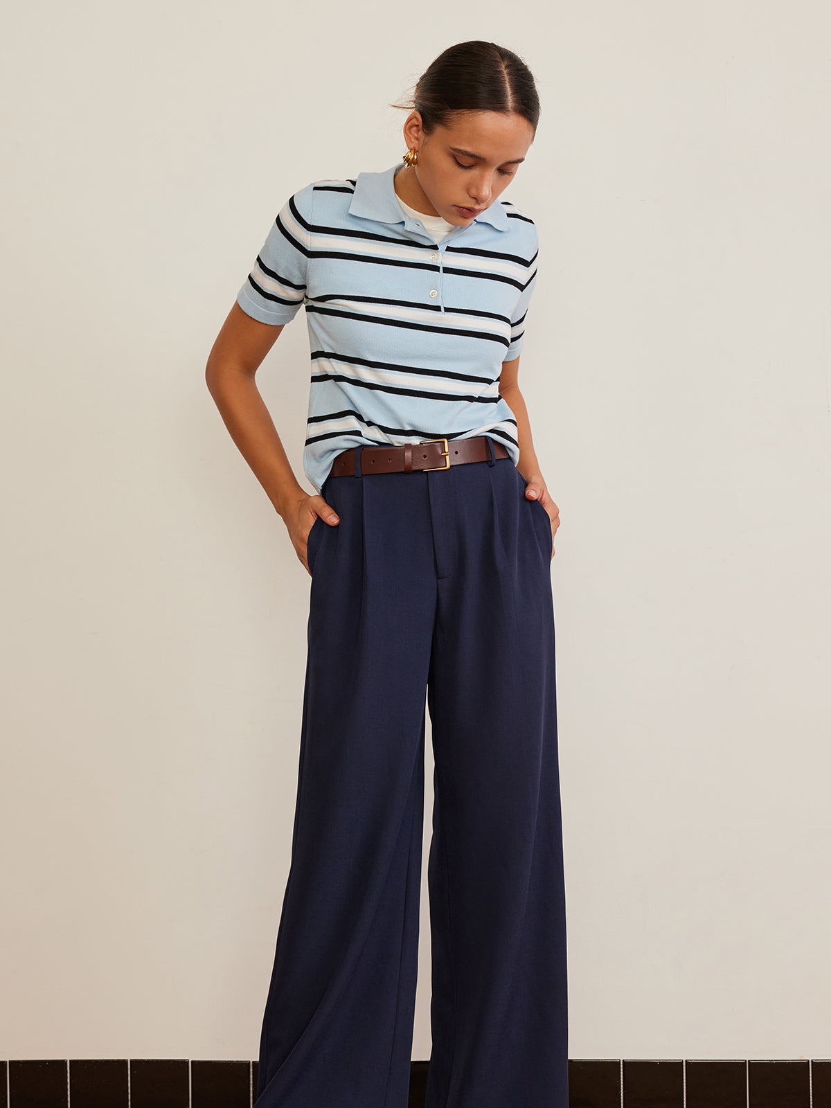 Lapel Striped Knit Top-Chicvia