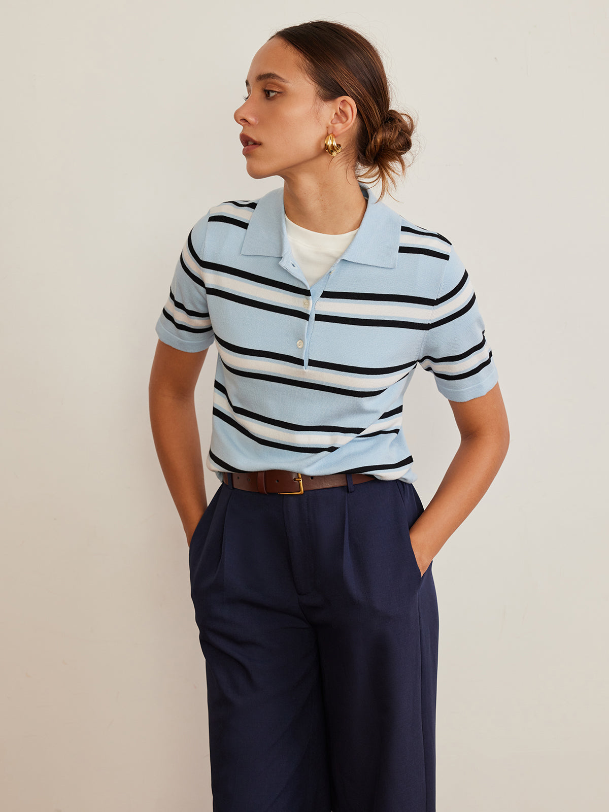 Lapel Striped Knit Top-Chicvia