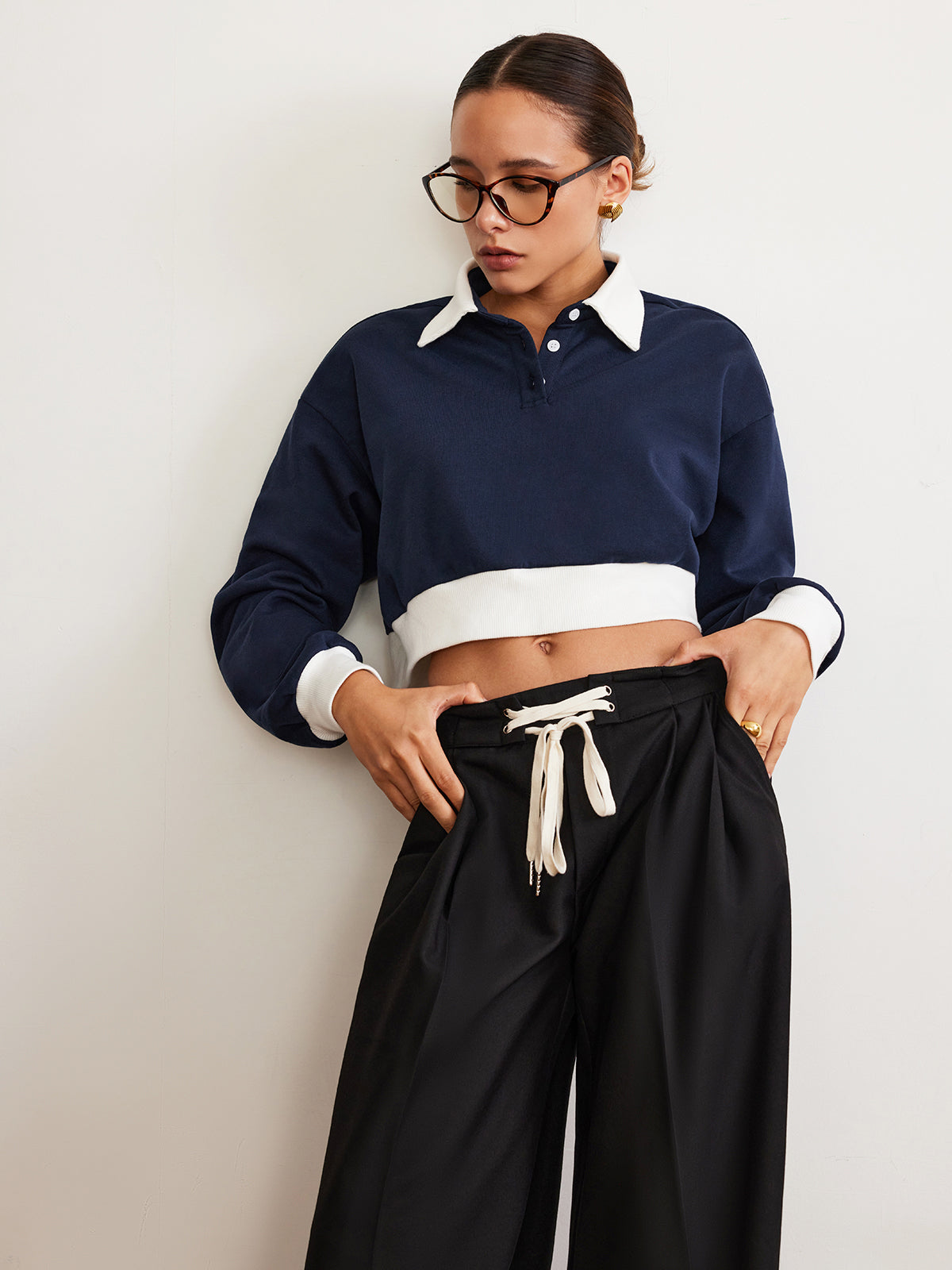 Patchwork Polo Crop Sweatshirt-Chicvia
