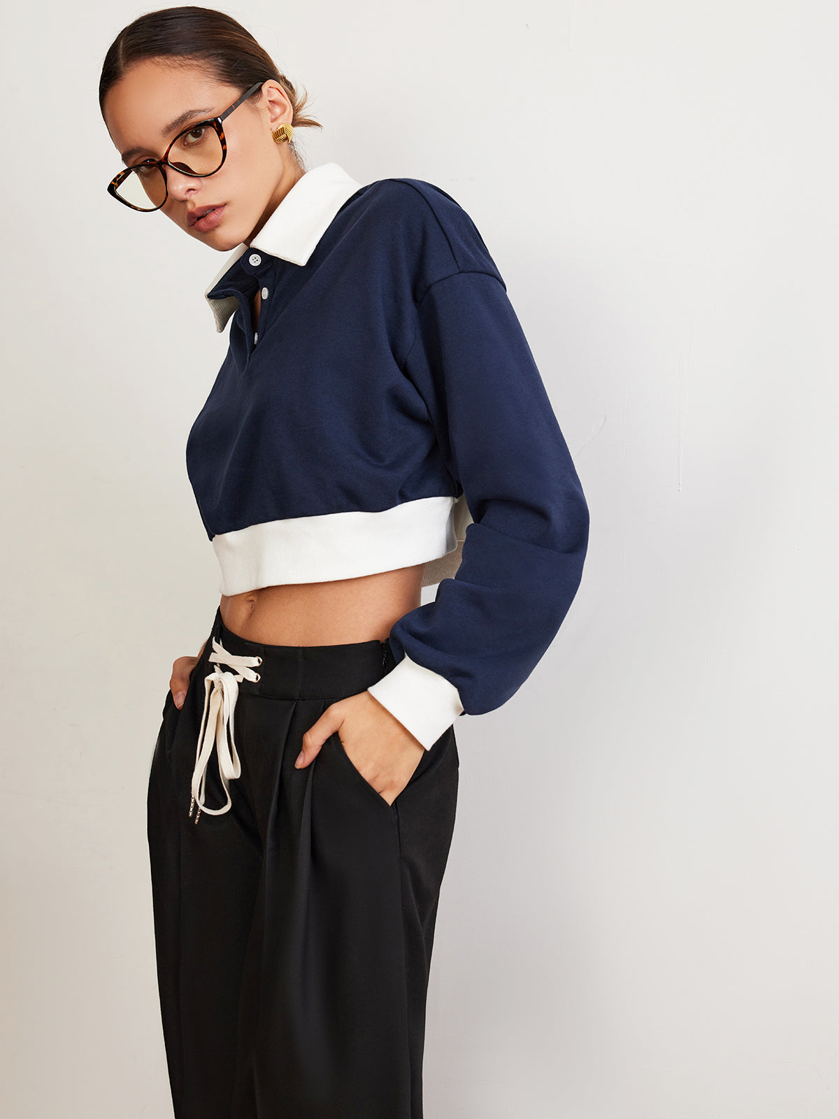Patchwork Polo Crop Sweatshirt-Chicvia