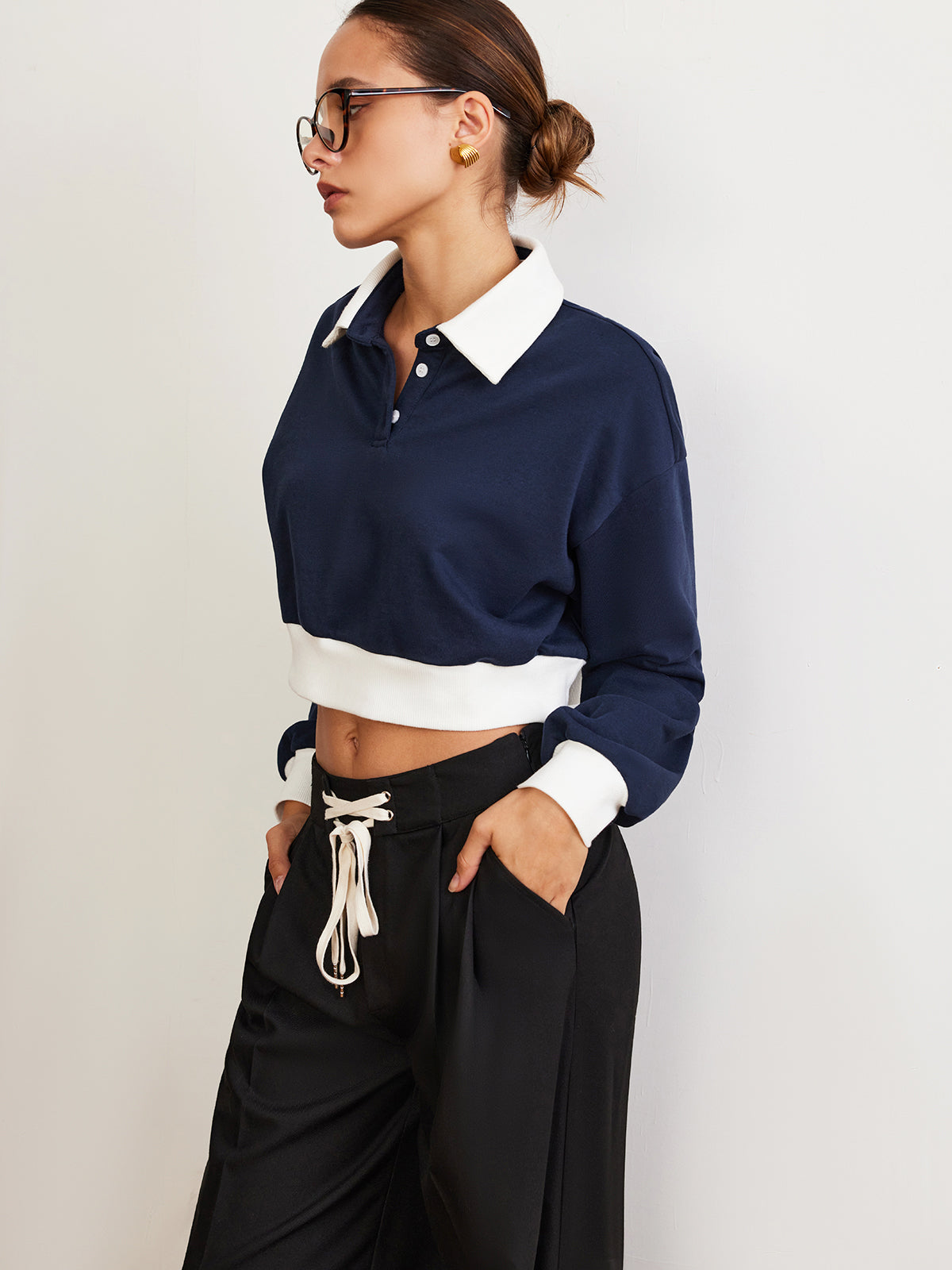 Patchwork Polo Crop Sweatshirt-Chicvia