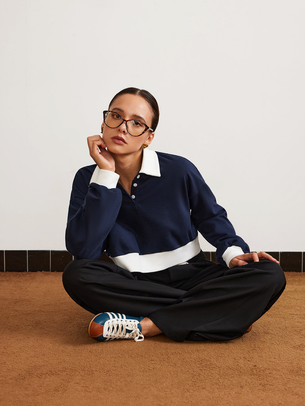 Patchwork Polo Crop Sweatshirt-Chicvia