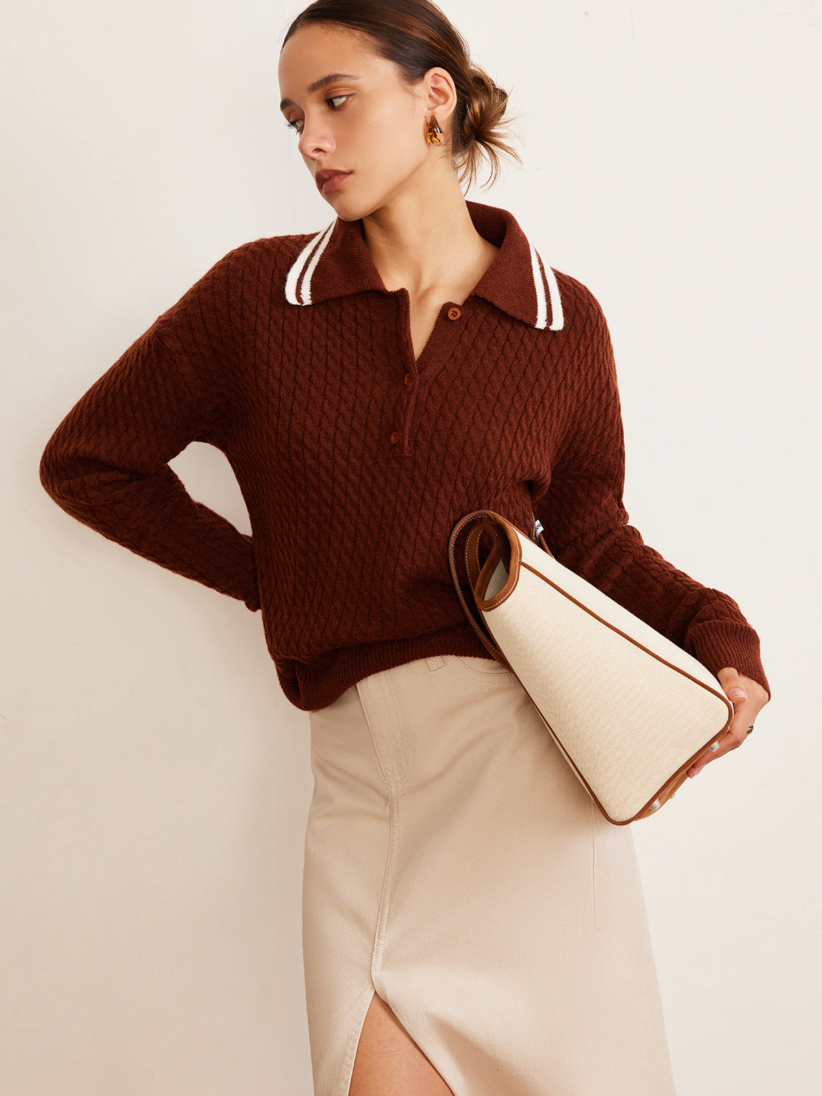 Cable Knit Button Polo Sweater-Chicvia