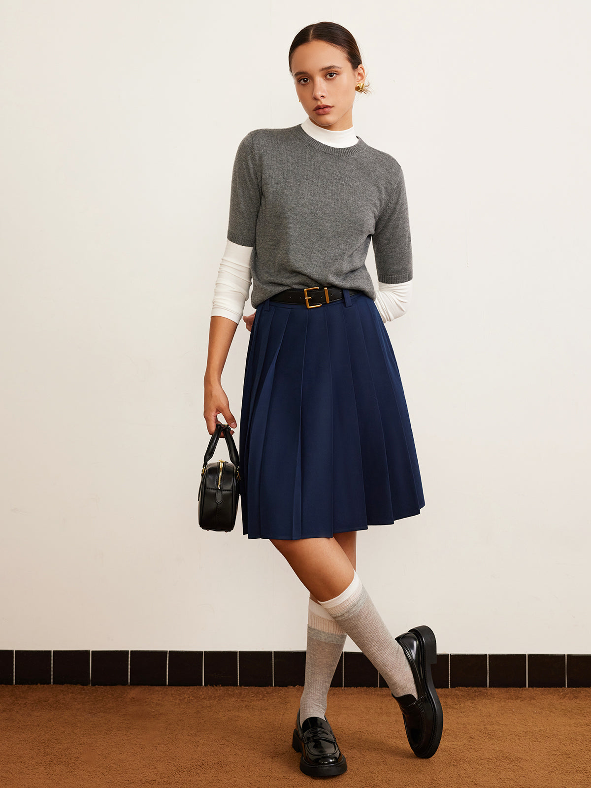 Pleated Midi Skirt With Belt-Chicvia