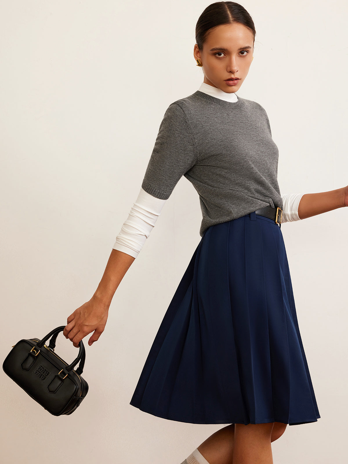 Pleated Midi Skirt With Belt-Chicvia