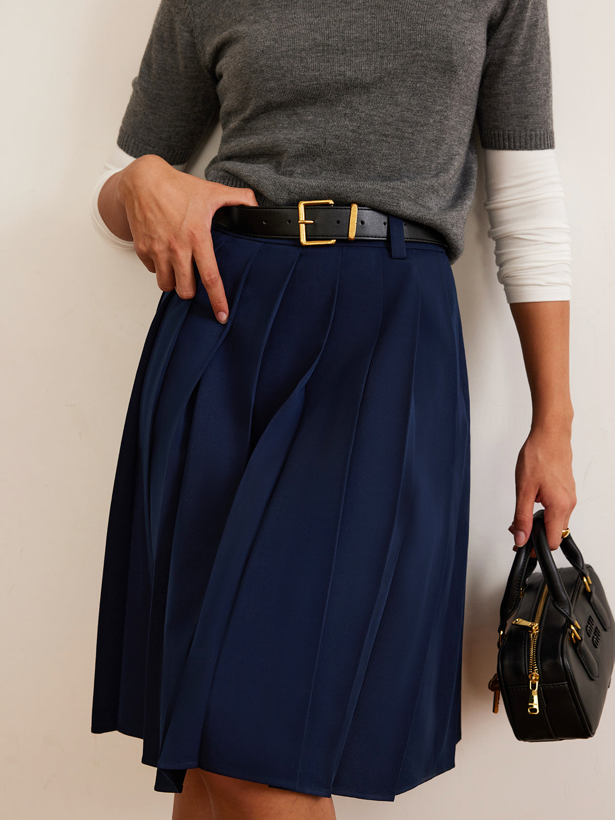Pleated Midi Skirt With Belt-Chicvia