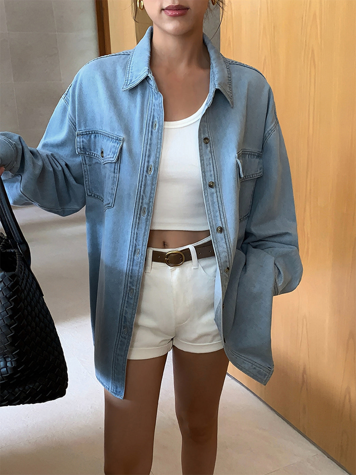 Lapel Pockets Denim Jacket-Chicvia