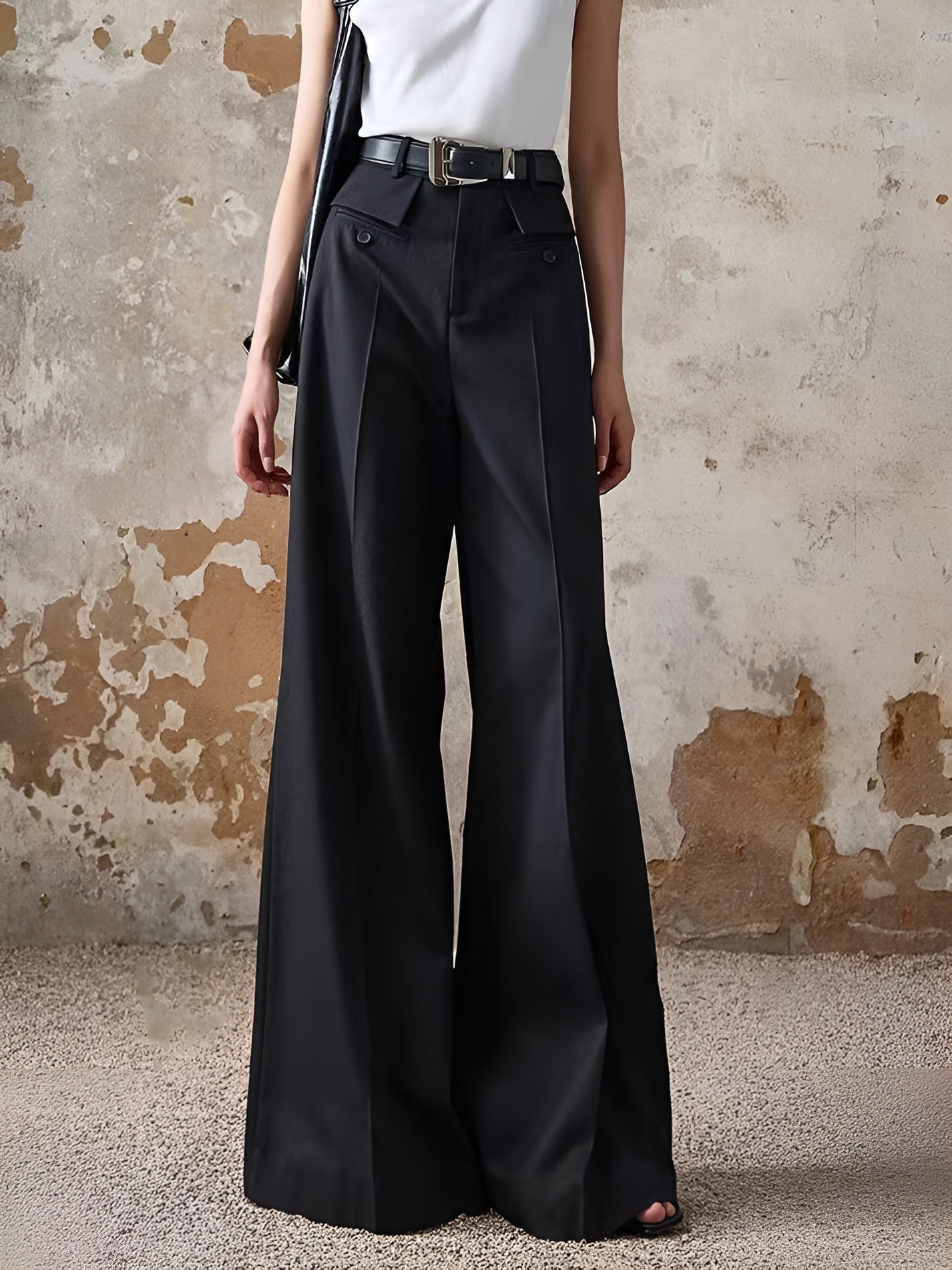 High-Waist Piping Bell Pants Without Belt-Chicvia