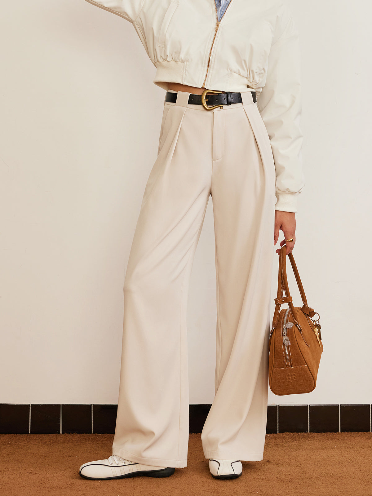 Pleated High-Waist Belted Pants-Chicvia