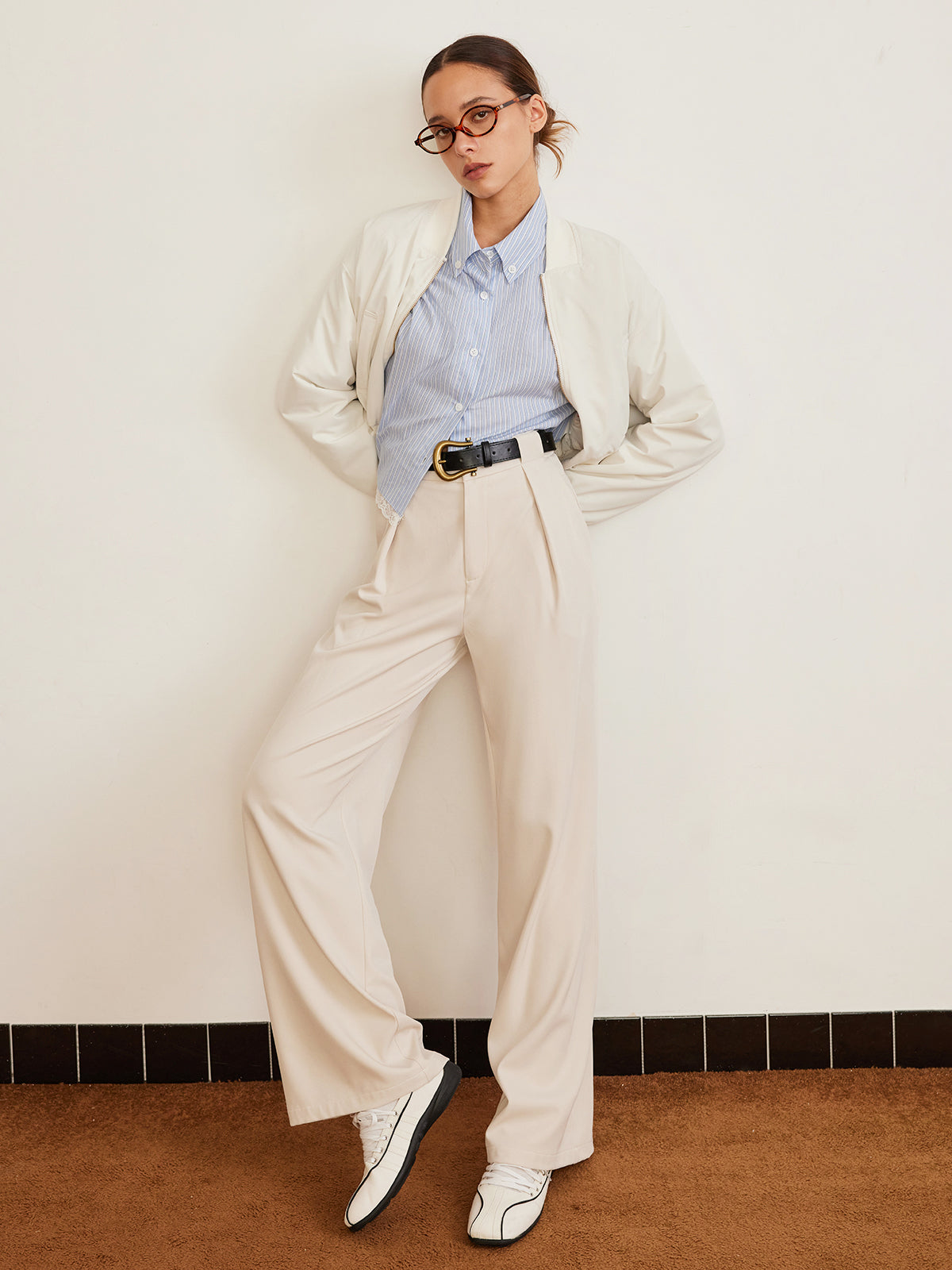 Pleated High-Waist Belted Pants-Chicvia