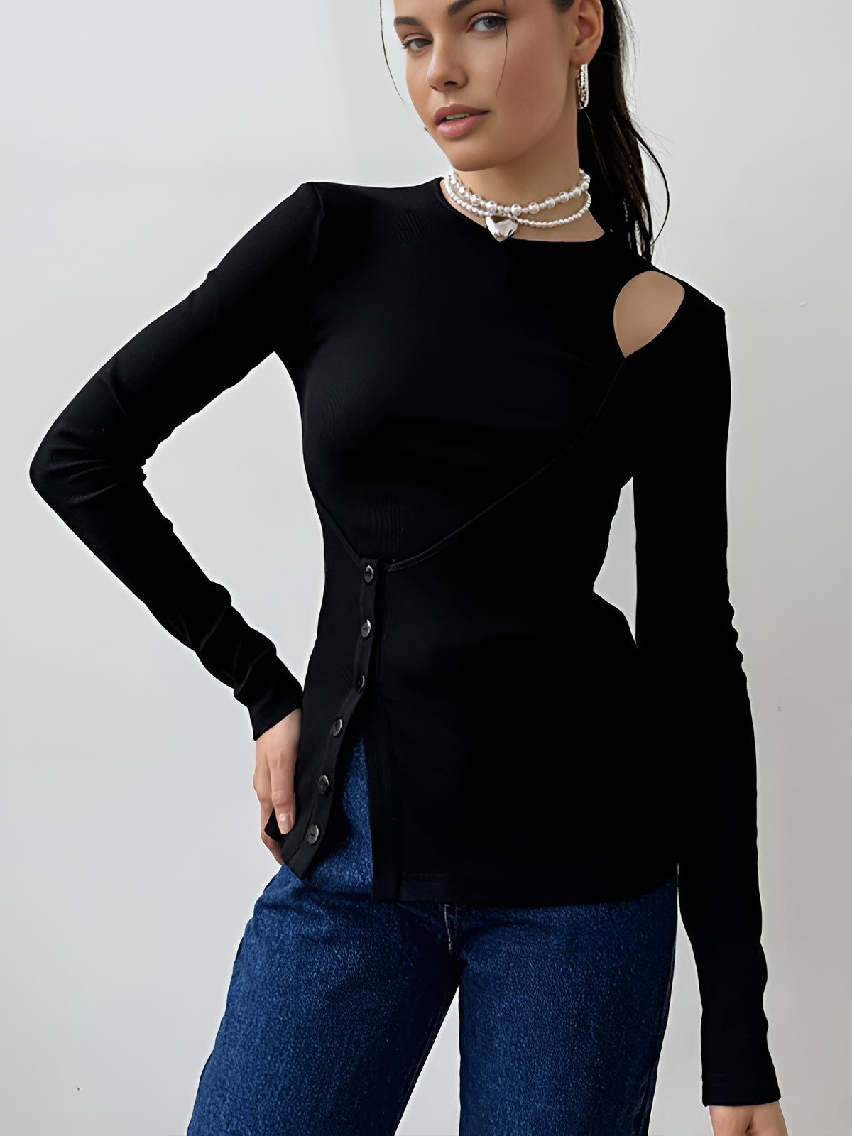 Cutout Panel Button T-Shirt-Chicvia