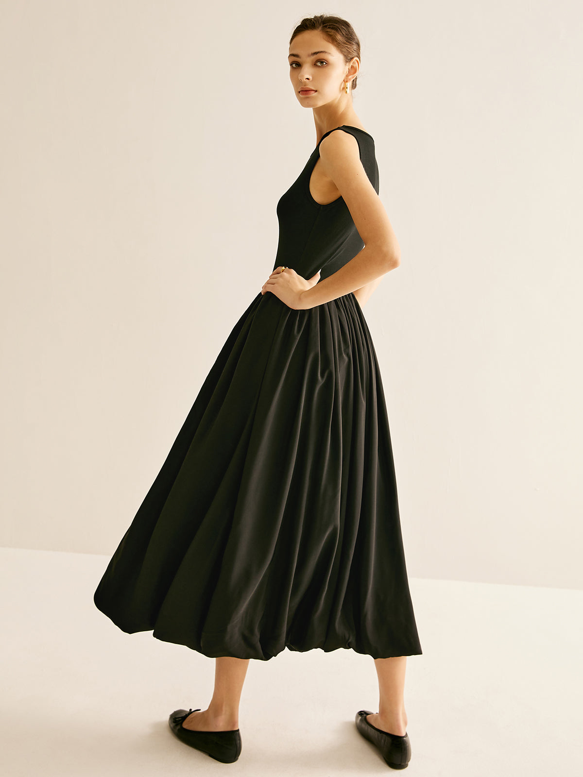 Panel Pleated Jersey Tank Dress-Chicvia