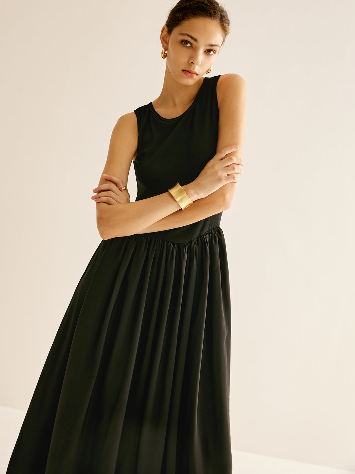 Panel Pleated Jersey Tank Dress-Chicvia
