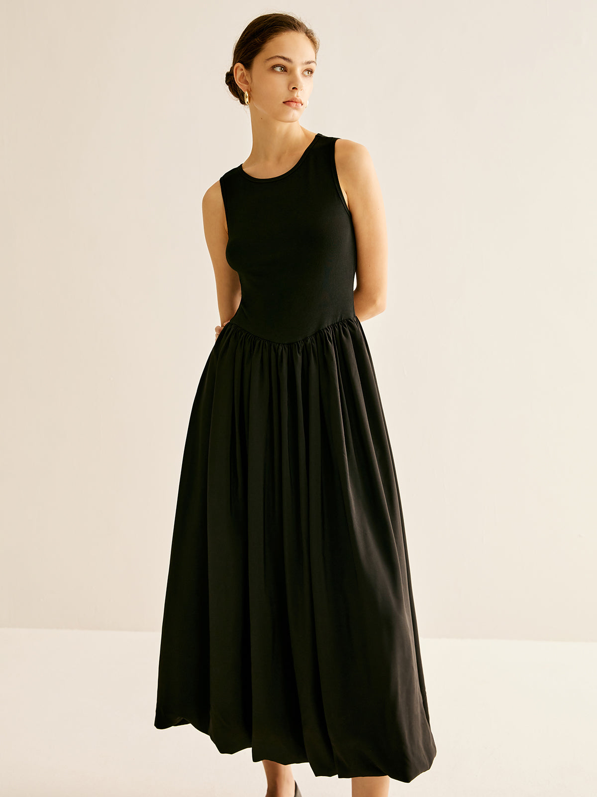 Panel Pleated Jersey Tank Dress-Chicvia