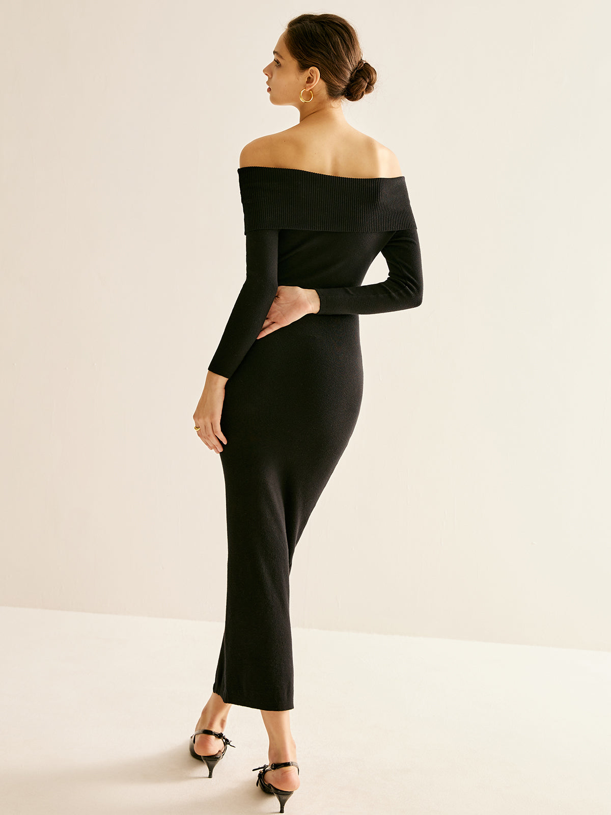 Off-Shoulder Split Sweater Dress-Chicvia