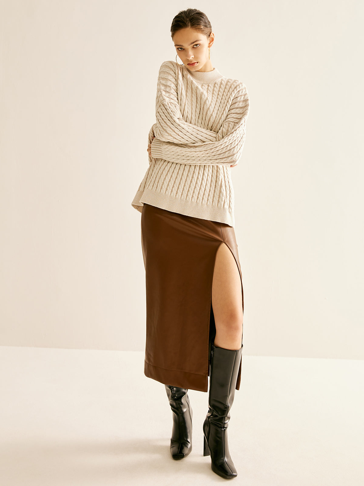 Minimalist Plain Cable Sweater-Chicvia
