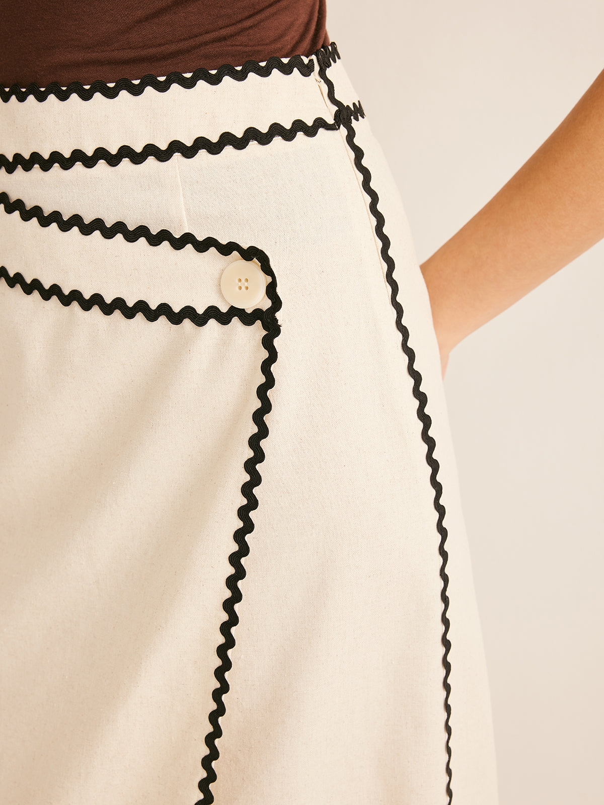 Cotton & Linen Wave Trim Midi Skirt-Chicvia