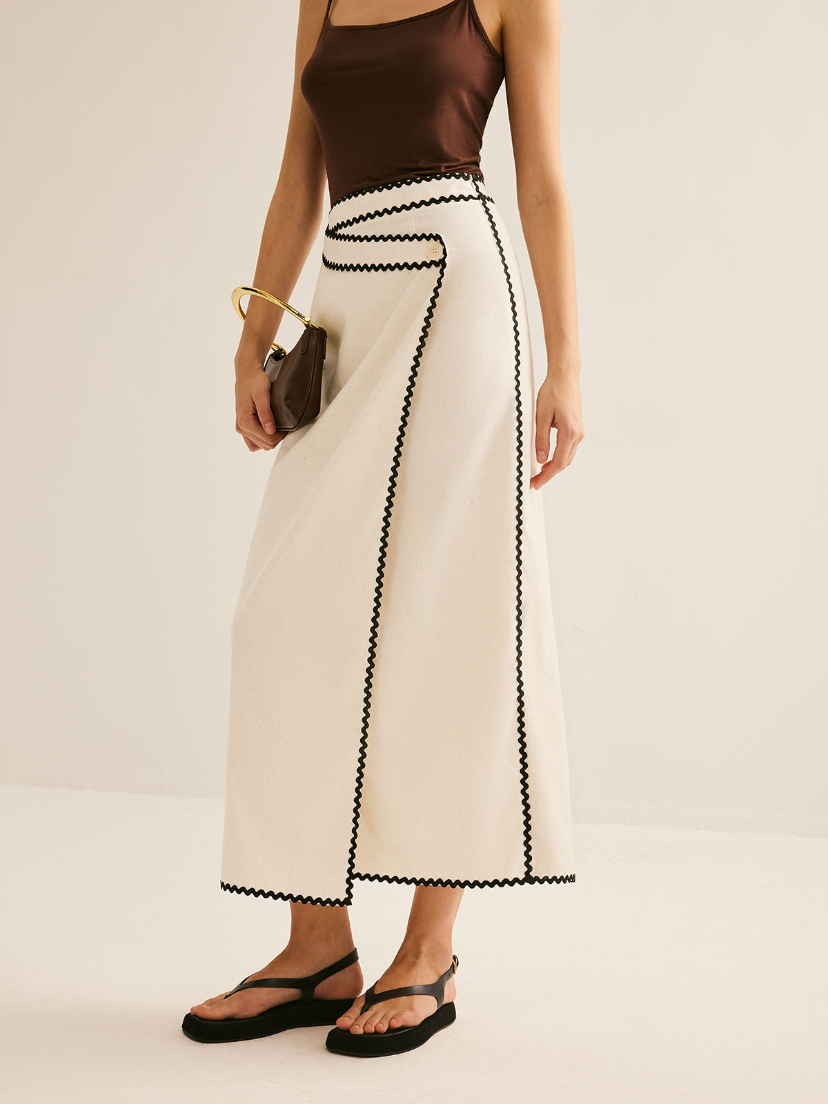 Cotton & Linen Wave Trim Midi Skirt-Chicvia