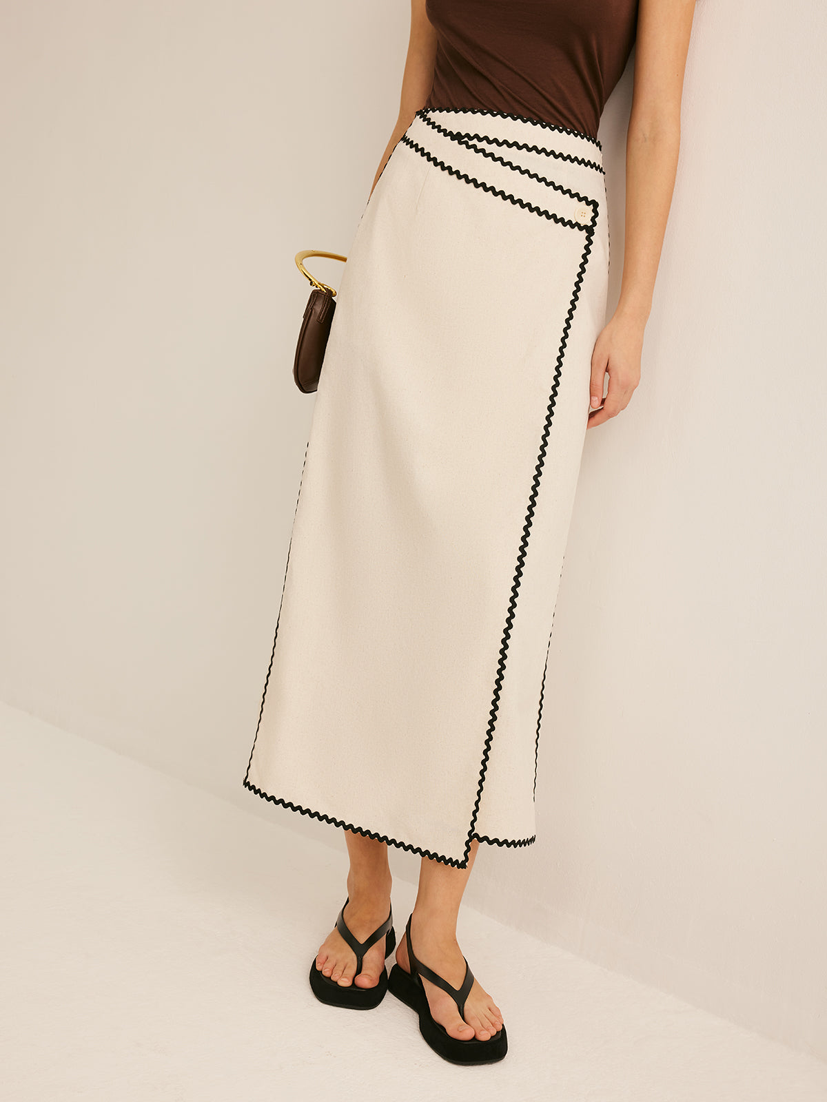 Cotton & Linen Wave Trim Midi Skirt-Chicvia