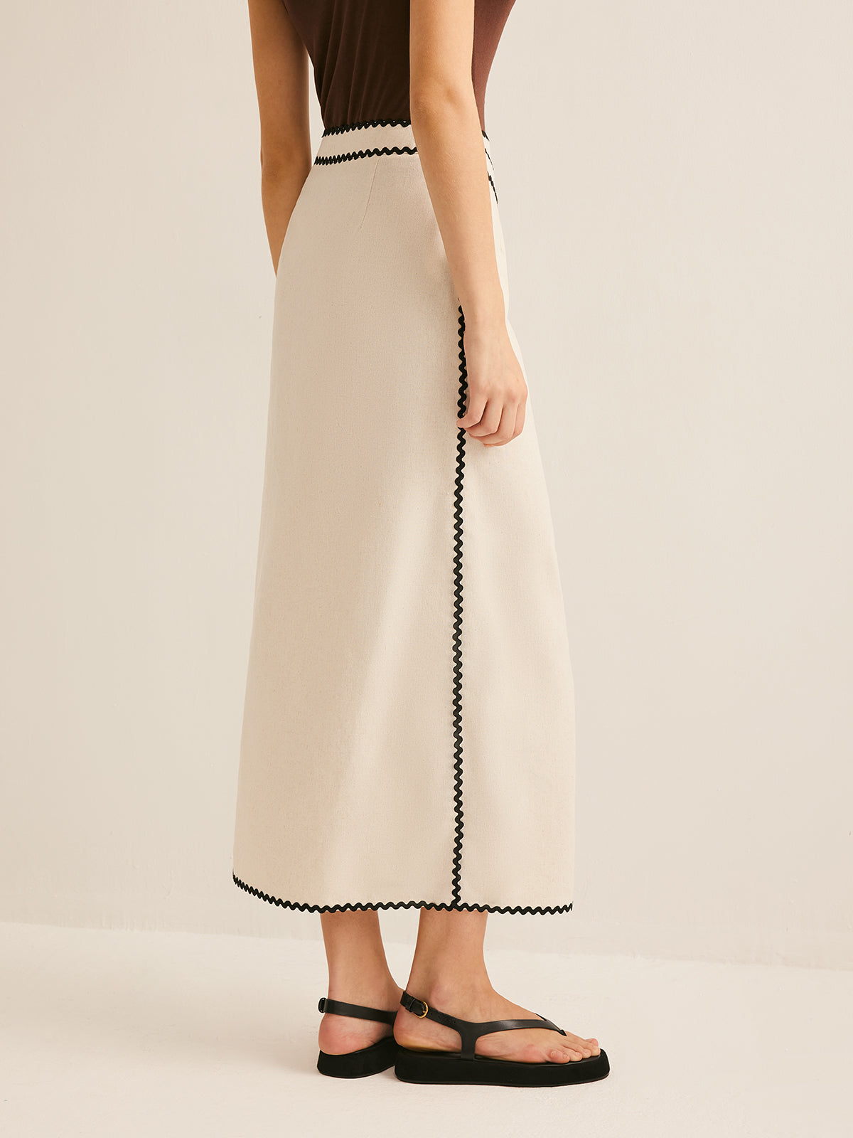 Cotton & Linen Wave Trim Midi Skirt-Chicvia