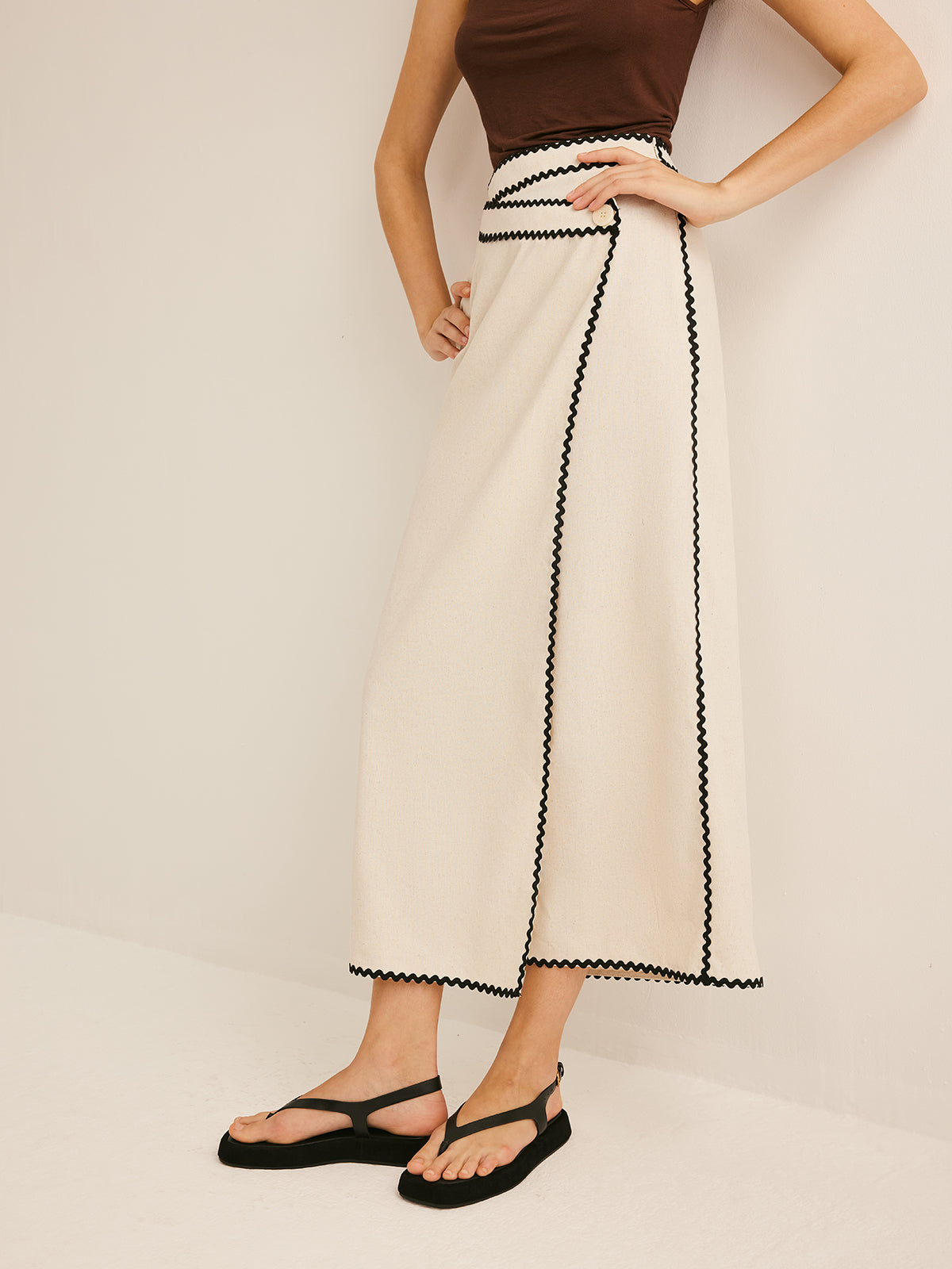 Cotton & Linen Wave Trim Midi Skirt-Chicvia