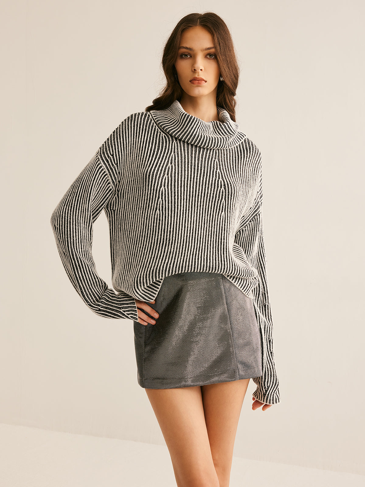 Pinstripe Turtleneck Sweater-Chicvia