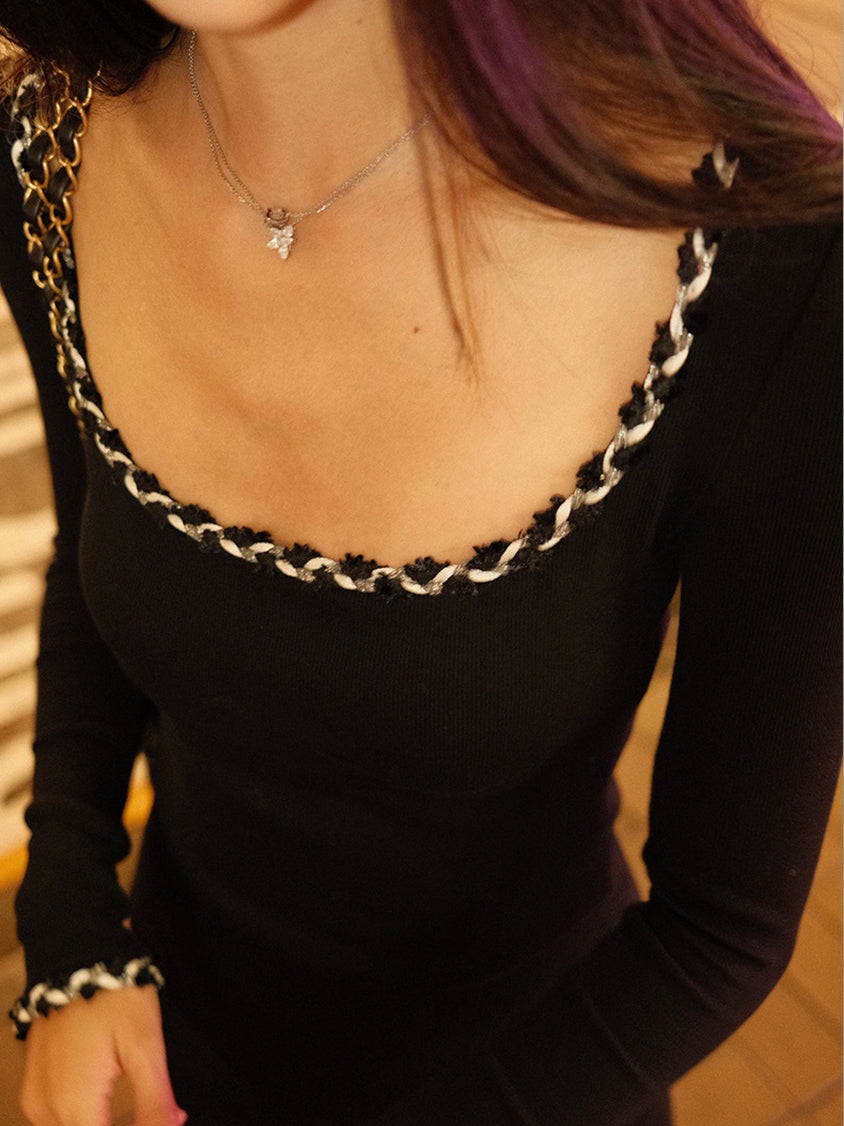 Contrast Binding Ribbed T-Shirt-Chicvia