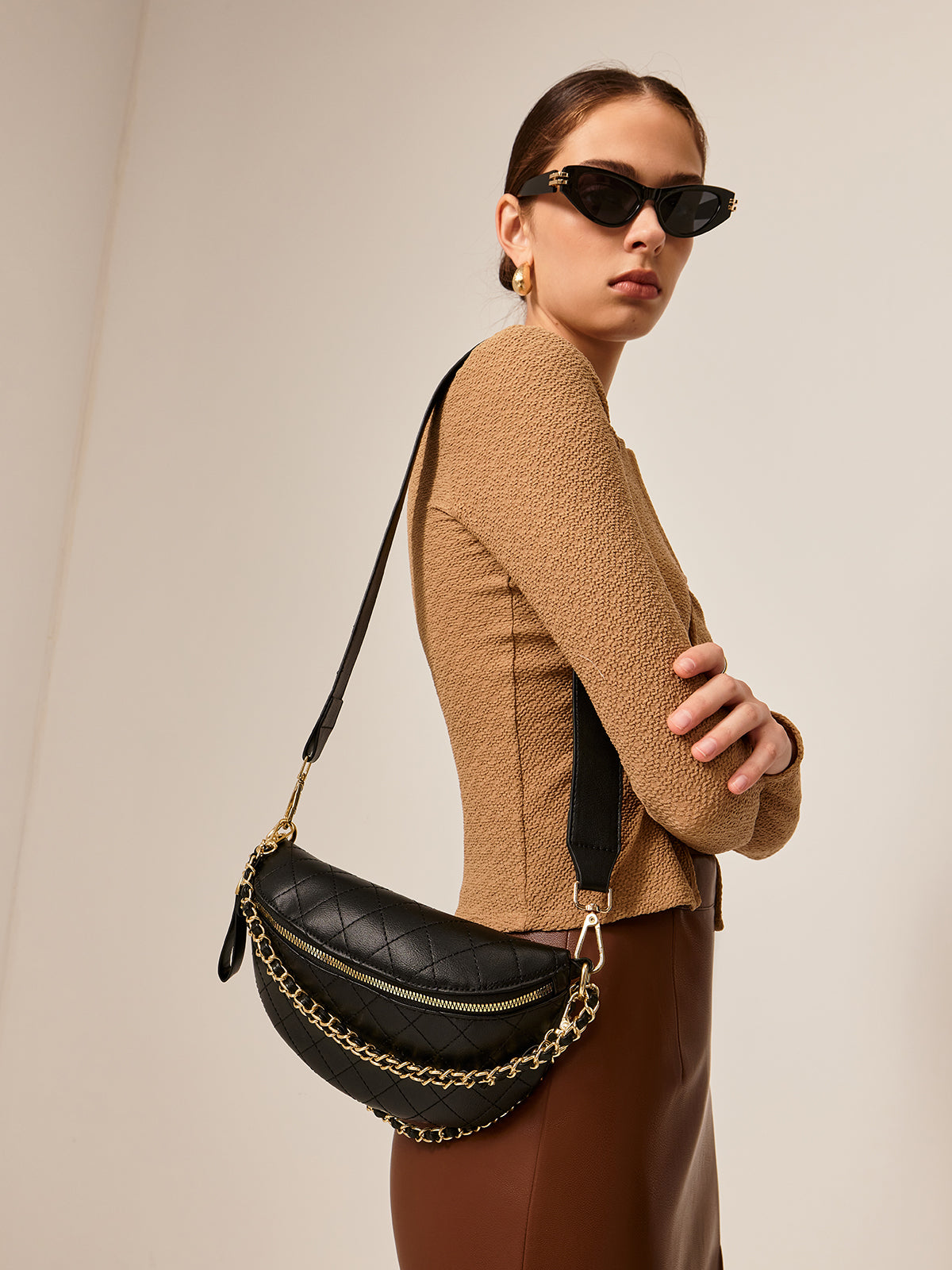 Chain Decor Zipper Shoulder Bag-Chicvia