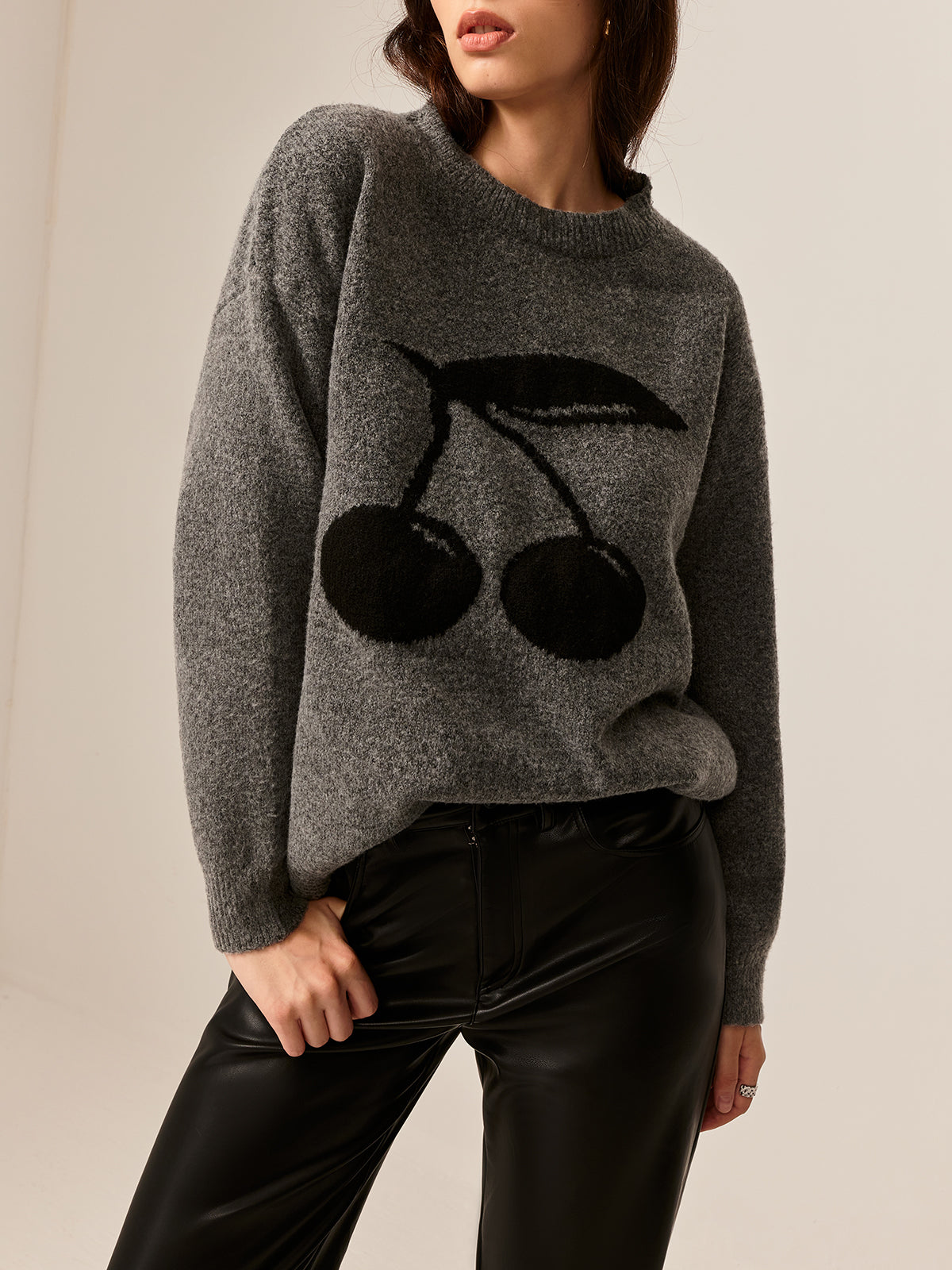 Cotton Blends Cherry Printed Pullover Sweater-Chicvia