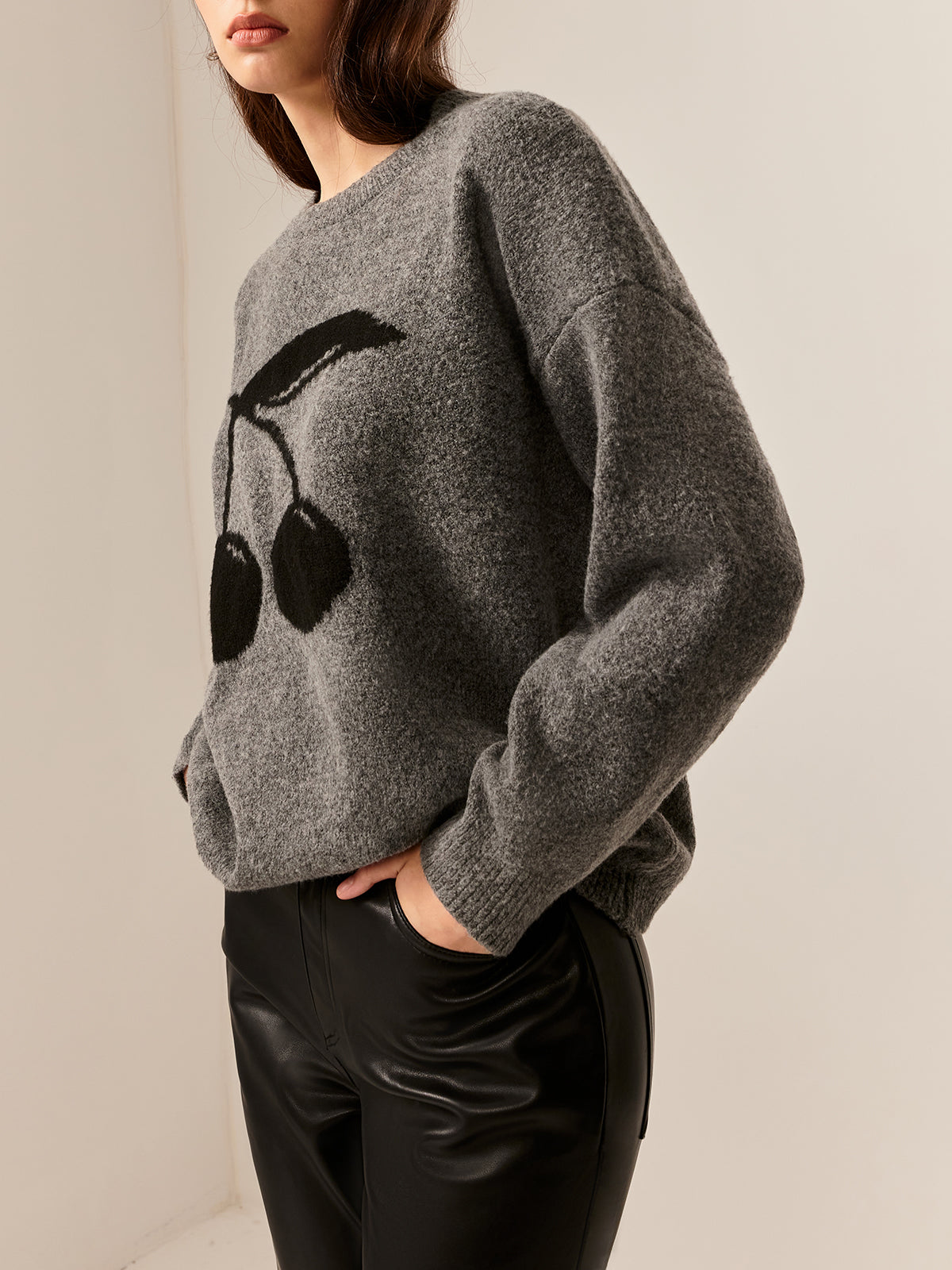 Cotton Blends Cherry Printed Pullover Sweater-Chicvia