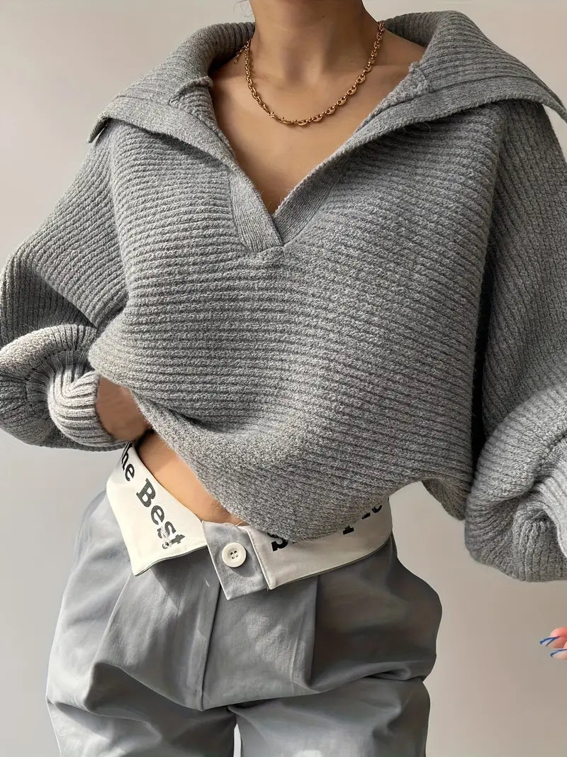 Plain Loose Lapel Sweater-Chicvia