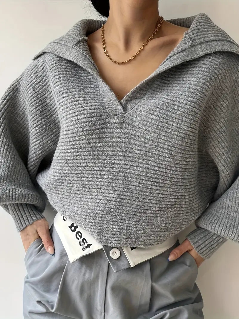 Plain Loose Lapel Sweater-Chicvia